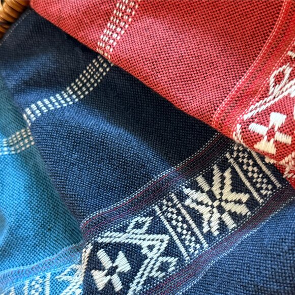 Womens‎ Red, White, & Blue Fabric Hand Bag With Rattan Boho Handle - Picture 3 of 6